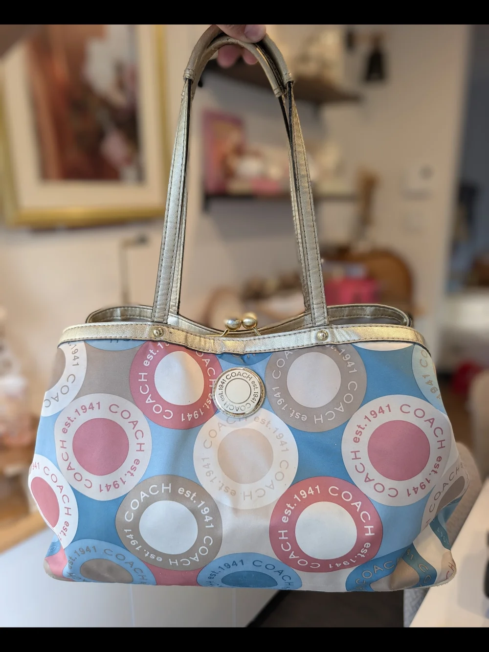COACH Multicolor Circle Print “Est. 1941” Satchel with Gold Trim Tote Bag - Picture 2 of 16